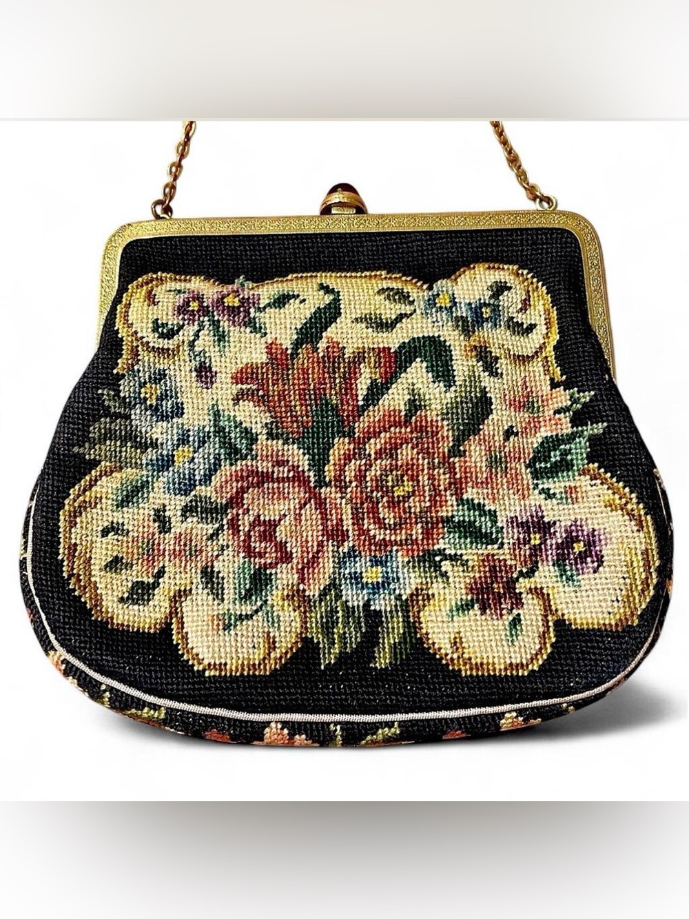 Vintage 1940s Floral Petit Point Needlepoint Purse Black Cabochon Clasp